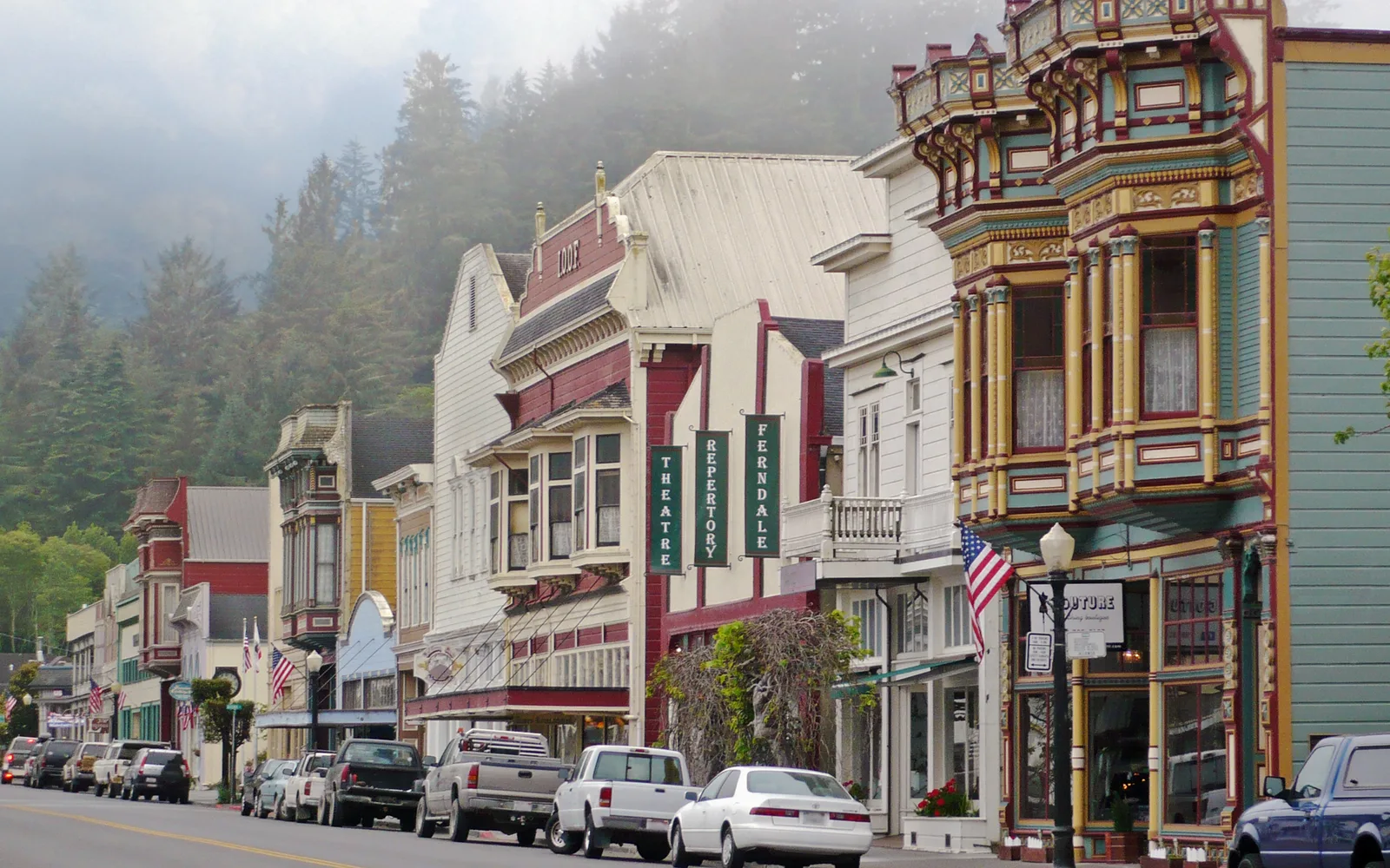 Historic Main Street in Ferndale showing preserved Victorian-era commercial buildings characteristic of 19th-century California small towns
